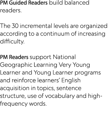 PM Guided Readers build balanced readers.​ The 30 incremental levels are organized according to a continuum of increa...