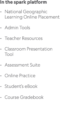 In the spark platform National Geographic Learning Online Placement Admin Tools Teacher Resources Classroom Presentat...