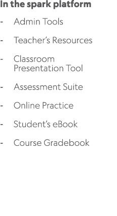 In the spark platform Admin Tools Teacher’s Resources Classroom Presentation Tool Assessment Suite Online Practice St...