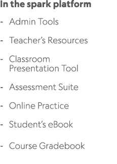 In the spark platform Admin Tools Teacher’s Resources Classroom Presentation Tool Assessment Suite Online Practice St...