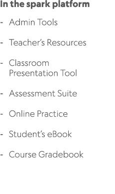 In the spark platform Admin Tools Teacher’s Resources Classroom Presentation Tool Assessment Suite Online Practice St...