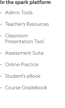 In the spark platform Admin Tools Teacher’s Resources Classroom Presentation Tool Assessment Suite Online Practice St...