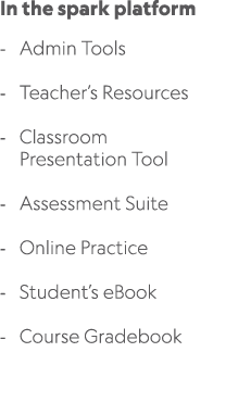 In the spark platform Admin Tools Teacher’s Resources Classroom Presentation Tool Assessment Suite Online Practice St...