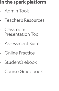 In the spark platform Admin Tools Teacher’s Resources Classroom Presentation Tool Assessment Suite Online Practice St...