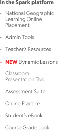 In the Spark platform National Geographic Learning Online Placement Admin Tools Teacher’s Resources NEW Dynamic Lesso...