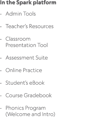 In the Spark platform Admin Tools Teacher’s Resources Classroom Presentation Tool Assessment Suite Online Practice St...