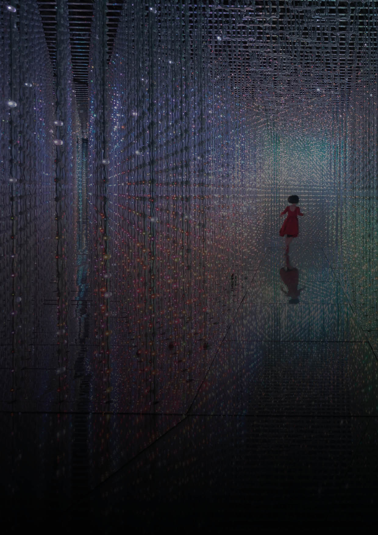 A girl runs in a bright, colorful tunnel  The tunnel is part of an art exhibit in Shenzen, China  More than twelve million people live in Shenzen, and there are many art museums and exhibits 
