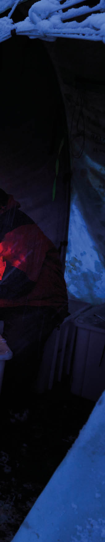 A paleontologist examines a fossil sample under the light of a lamp inside the tent in Antarctica   Location: Vega Island, Antarctica Photographer: Edson Vandeira