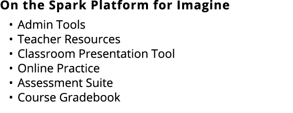 On the Spark Platform for Imagine • Admin Tools • Teacher Resources • Classroom Presentation Tool • Online Practice •...