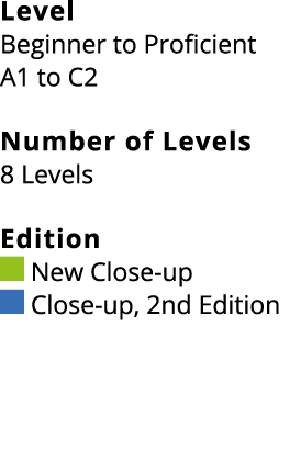 Level Beginner to Proficient A1 to C2 Number of Levels 8 Levels Edition ￼ New Close up ￼ Close up, 2nd Edition