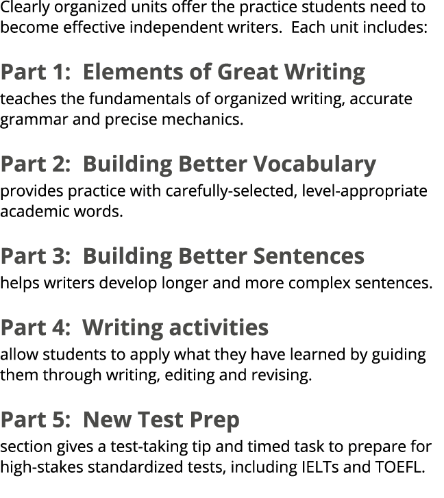 Clearly organized units offer the practice students need to become effective independent writers. Each unit includes:...
