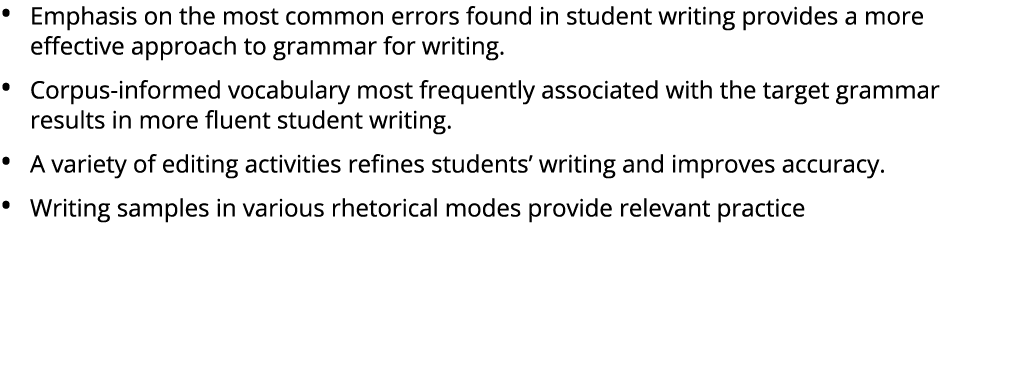 • Emphasis on the most common errors found in student writing provides a more effective approach to grammar for writi...