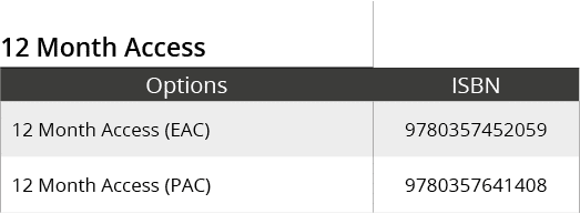 12 Month Access,,Options,ISBN,12 Month Access (EAC),9780357452059,12 Month Access (PAC),9780357641408