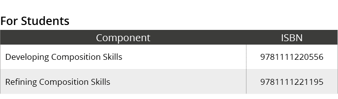 For Students,Component,ISBN,Developing Composition Skills,9781111220556,Refining Composition Skills,9781111221195