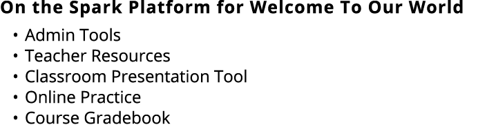 On the Spark Platform for Welcome To Our World • Admin Tools • Teacher Resources • Classroom Presentation Tool • Onli...