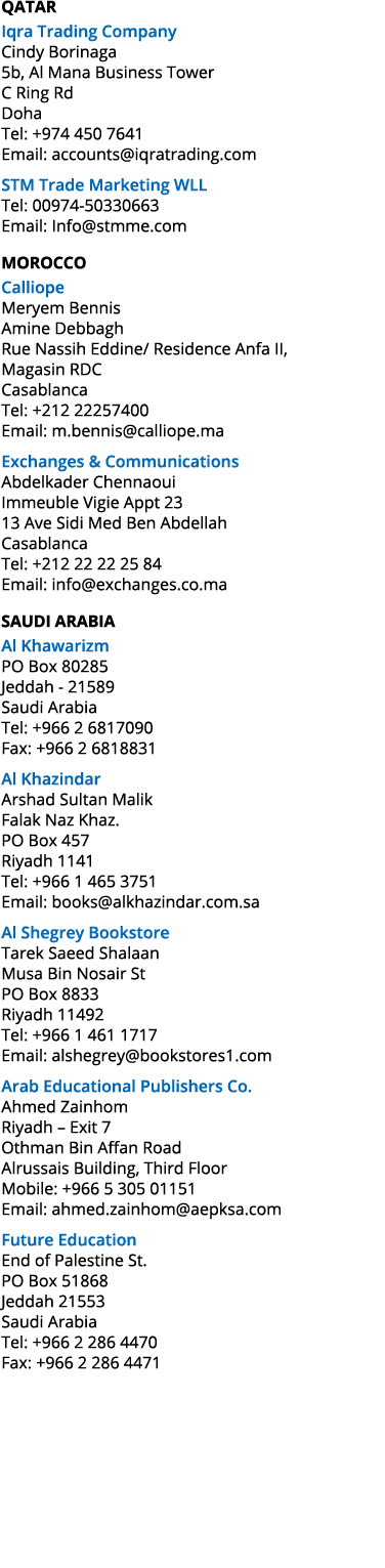 QATAR Iqra Trading Company Cindy Borinaga 5b, Al Mana Business Tower C Ring Rd Doha Tel: +974 450 7641 Email: account...