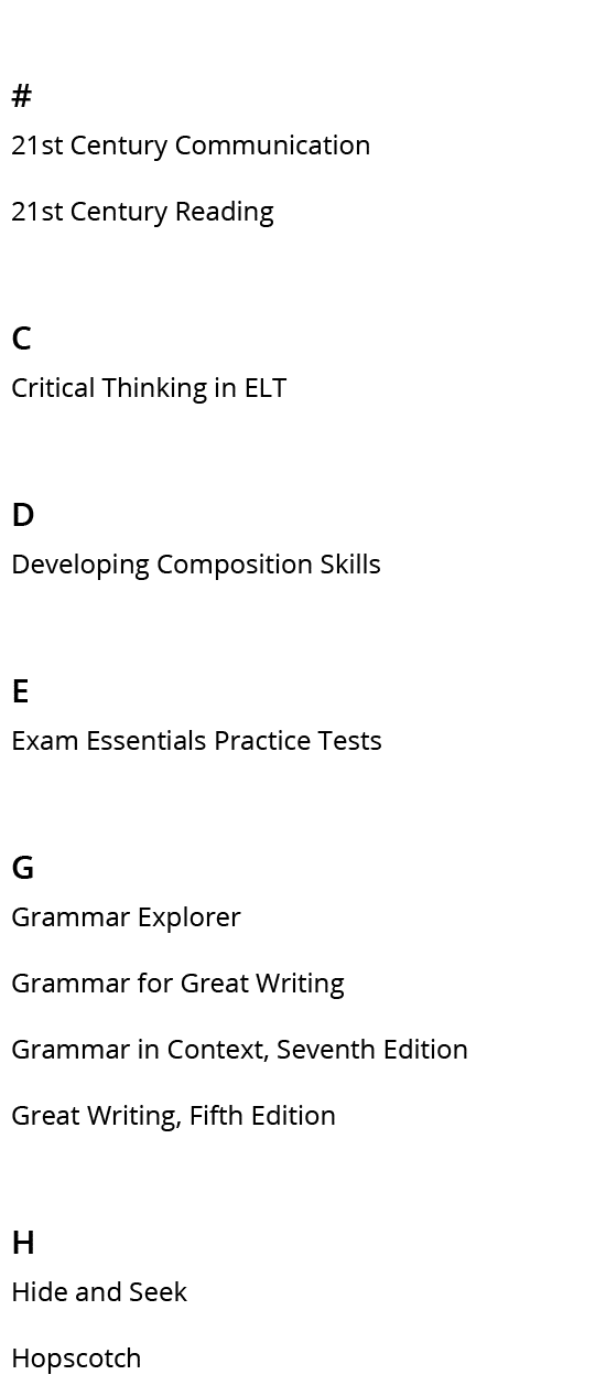 #,21st Century Communication,21st Century Reading ,C,Critical Thinking in ELT ,D,Developing Composition Skills,E,Exam...