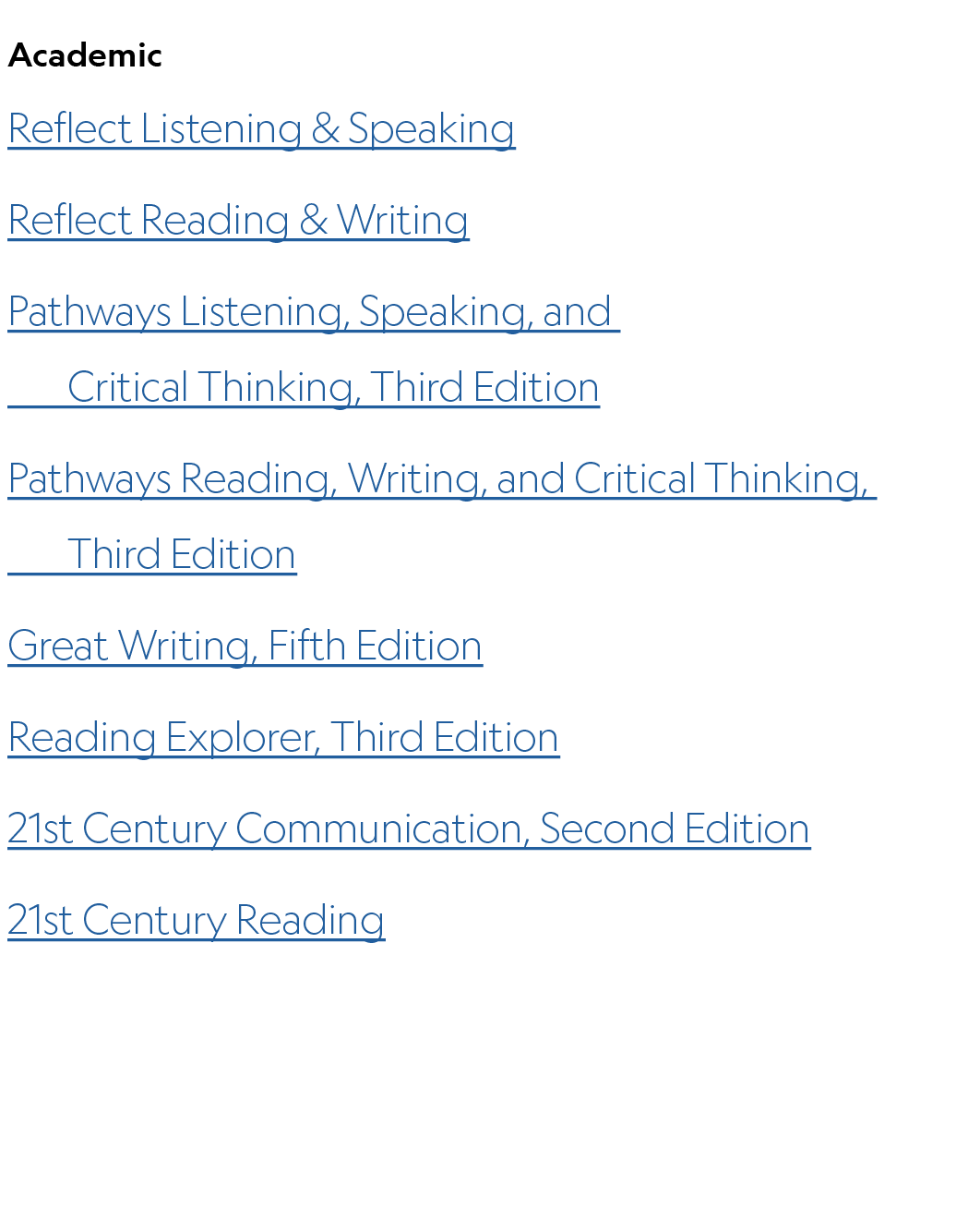 Academic Reflect Listening & Speaking Reflect Reading & Writing Pathways Listening, Speaking, and Critical Thinking, ...