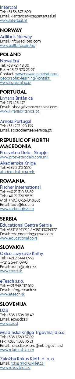 Intertaal Tel: +31 36 5471690 Email: klantenservice@intertaal.nl www.intertaal.nl NORWAY Adlibris Norway Email: info@...