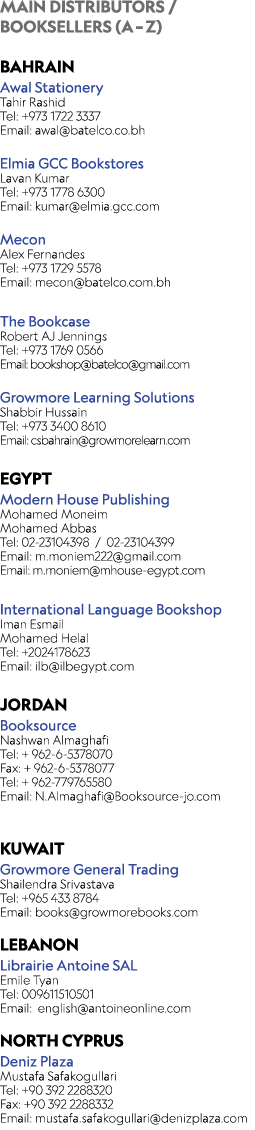 MAIN DISTRIBUTORS / BOOKSELLERS (A – Z) BAHRAIN Awal Stationery Tahir Rashid Tel: +973 1722 3337 Email: awal@batelco....