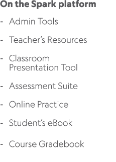 On the Spark platform Admin Tools Teacher’s Resources Classroom Presentation Tool Assessment Suite Online Practice St...