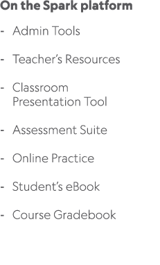 On the Spark platform Admin Tools Teacher’s Resources Classroom Presentation Tool Assessment Suite Online Practice St...