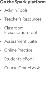 On the Spark platform Admin Tools Teacher’s Resources Classroom Presentation Tool Assessment Suite Online Practice St...