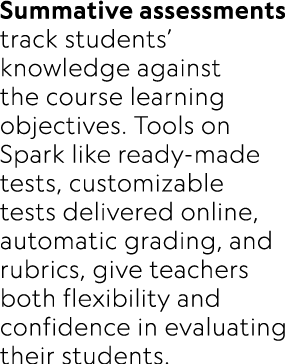 Summative assessments track students’ knowledge against the course learning objectives. Tools on Spark like ready mad...