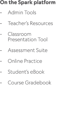 On the Spark platform Admin Tools Teacher’s Resources Classroom Presentation Tool Assessment Suite Online Practice St...