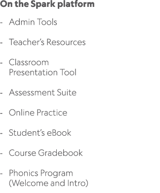 On the Spark platform Admin Tools Teacher’s Resources Classroom Presentation Tool Assessment Suite Online Practice St...