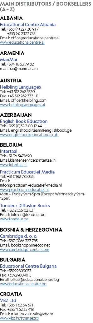 MAIN DISTRIBUTORS / BOOKSELLERS (A – Z) ALBANIA Educational Centre Albania Tel: +355 (4) 227 30 91 / +355 (4) 2377 73...