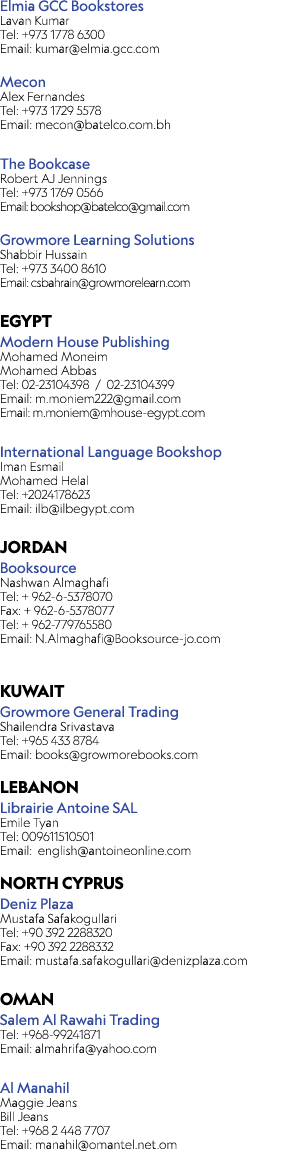 Elmia GCC Bookstores Lavan Kumar Tel: +973 1778 6300 Email: kumar@elmia.gcc.com Mecon Alex Fernandes Tel: +973 1729 5...