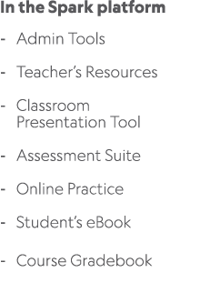 In the Spark platform Admin Tools Teacher’s Resources Classroom Presentation Tool Assessment Suite Online Practice St...