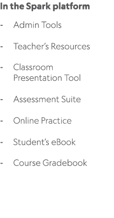 In the Spark platform Admin Tools Teacher’s Resources Classroom Presentation Tool Assessment Suite Online Practice St...