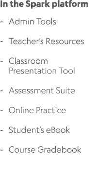 In the Spark platform Admin Tools Teacher’s Resources Classroom Presentation Tool Assessment Suite Online Practice St...