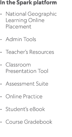 In the Spark platform National Geographic Learning Online Placement Admin Tools Teacher’s Resources Classroom Present...
