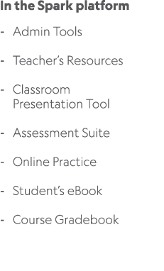 In the Spark platform Admin Tools Teacher’s Resources Classroom Presentation Tool Assessment Suite Online Practice St...