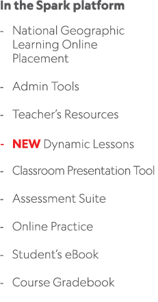 In the Spark platform National Geographic Learning Online Placement Admin Tools Teacher’s Resources NEW Dynamic Lesso...