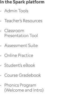 In the Spark platform Admin Tools Teacher’s Resources Classroom Presentation Tool Assessment Suite Online Practice St...