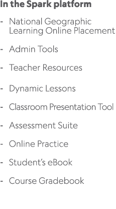 In the Spark platform National Geographic Learning Online Placement Admin Tools Teacher Resources Dynamic Lessons Cla...