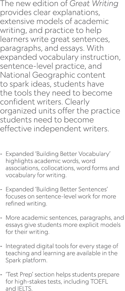 The new edition of Great Writing provides clear explanations, extensive models of academic writing, and practice to h...