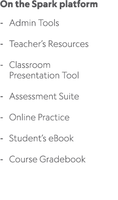 On the Spark platform Admin Tools Teacher’s Resources Classroom Presentation Tool Assessment Suite Online Practice St...