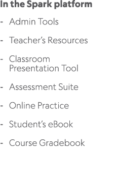 In the Spark platform Admin Tools Teacher’s Resources Classroom Presentation Tool Assessment Suite Online Practice St...