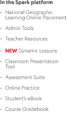 In the Spark platform National Geographic Learning Online Placement Admin Tools Teacher Resources NEW Dynamic Lessons...