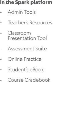 In the Spark platform Admin Tools Teacher’s Resources Classroom Presentation Tool Assessment Suite Online Practice St...