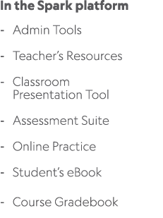 In the Spark platform Admin Tools Teacher’s Resources Classroom Presentation Tool Assessment Suite Online Practice St...
