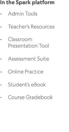 In the Spark platform Admin Tools Teacher’s Resources Classroom Presentation Tool Assessment Suite Online Practice St...