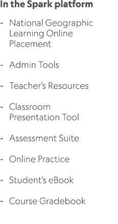 In the Spark platform National Geographic Learning Online Placement Admin Tools Teacher’s Resources Classroom Present...