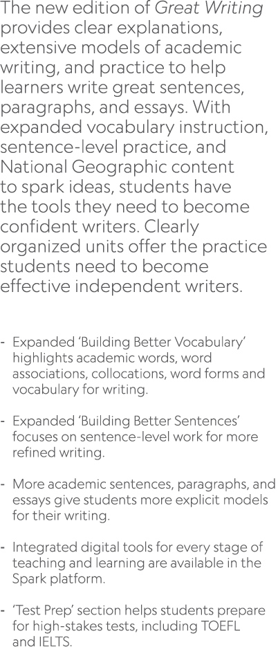 The new edition of Great Writing provides clear explanations, extensive models of academic writing, and practice to h...