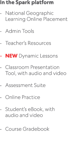 In the Spark platform National Geographic Learning Online Placement Admin Tools Teacher’s Resources NEW Dynamic Lesso...